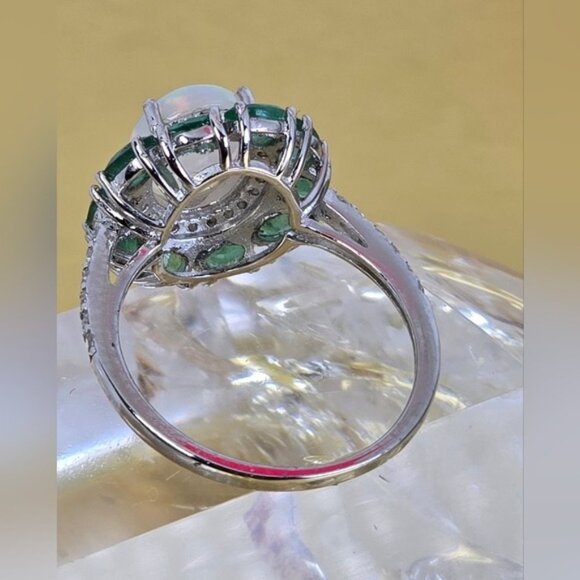 925 Sterling Silver Ring with Natural White Opal 8x10mm & Emerald Gemstones - Picture 12 of 13